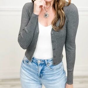 NEW Cropped Cardigan V-Neck Button Down Slim Women Top L Gray